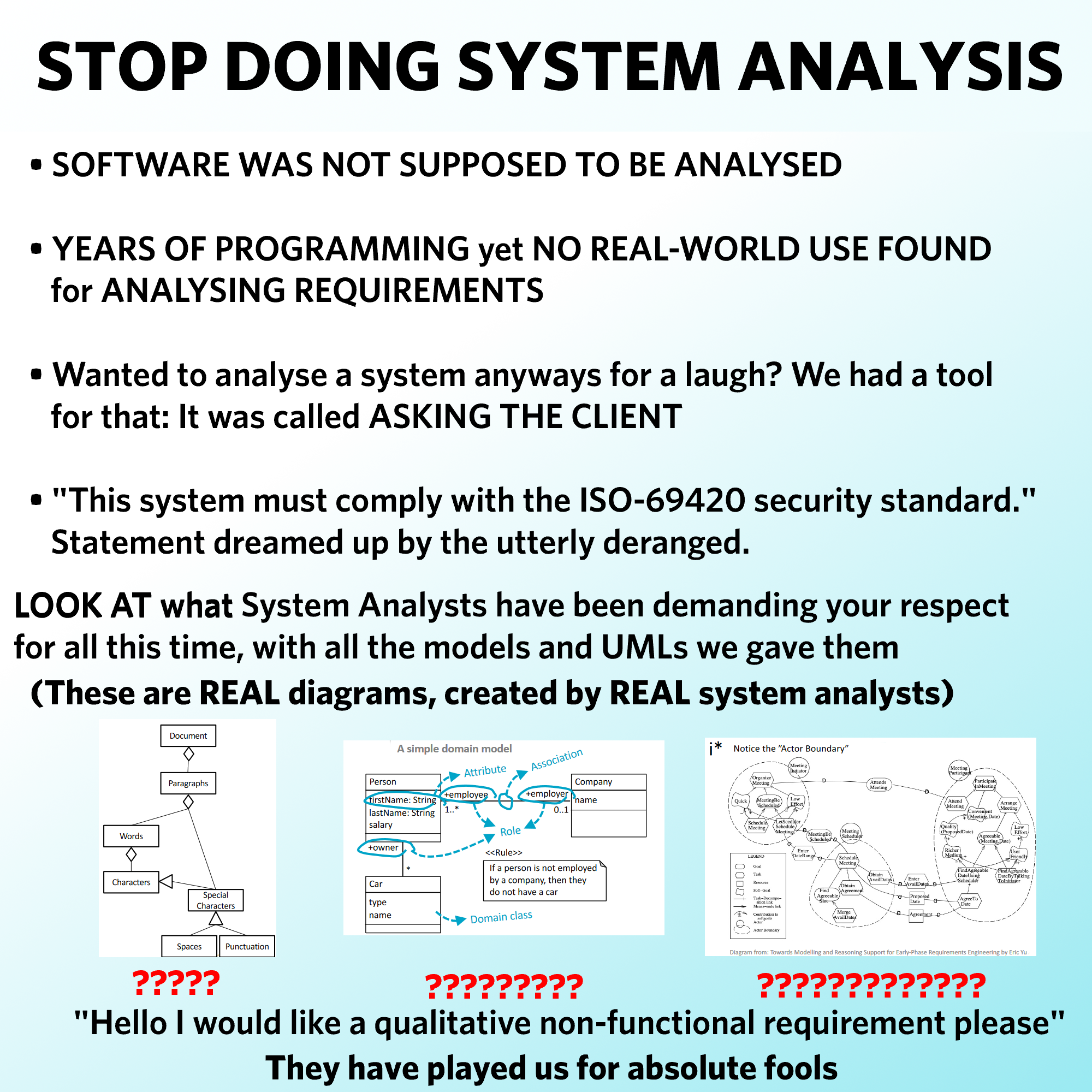 A meme that describes the author's negative opinion about System Analysis.